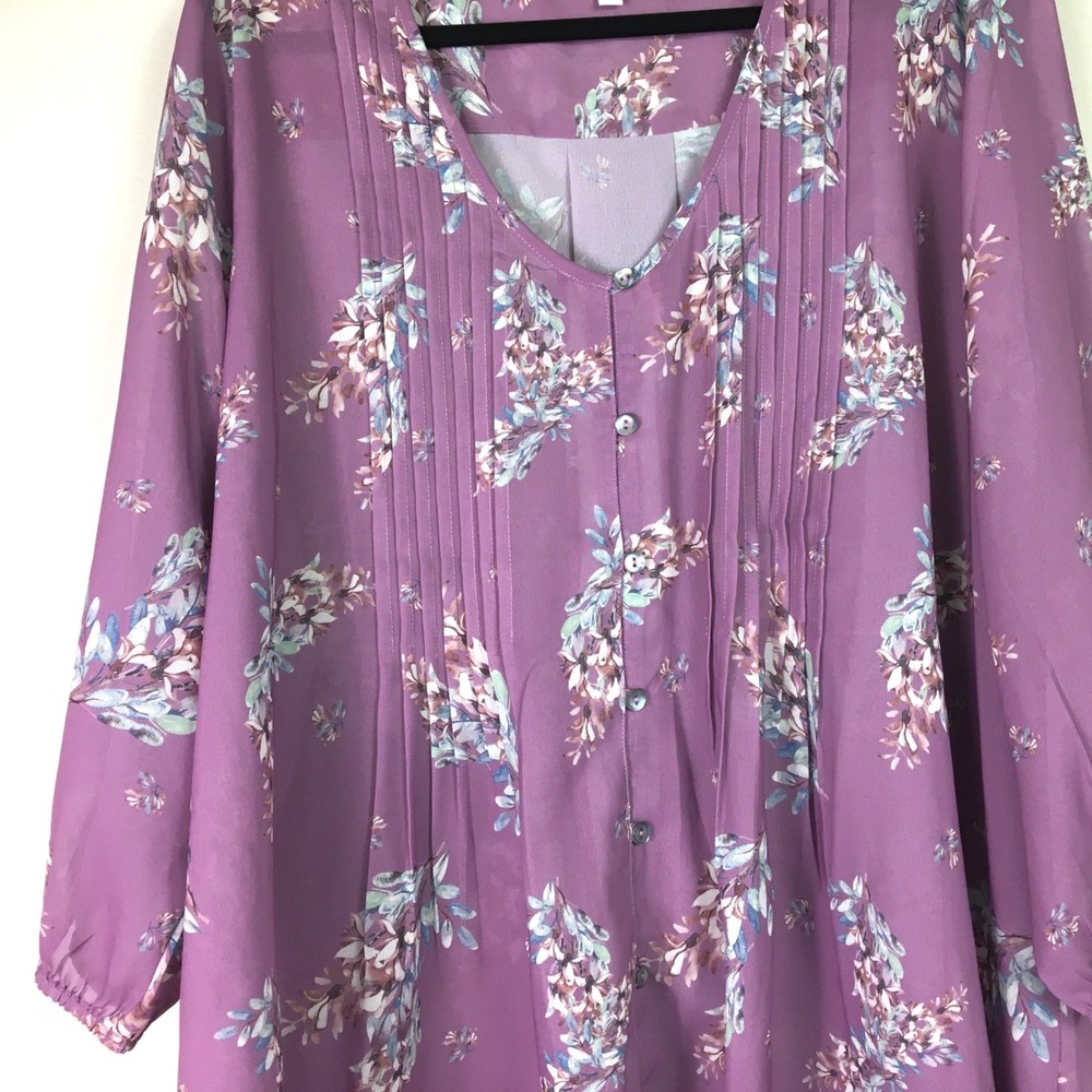 NorthStyle Floral Pintuck Button Front Chiffon Tunic 2X Purple - Picture 3 of 7